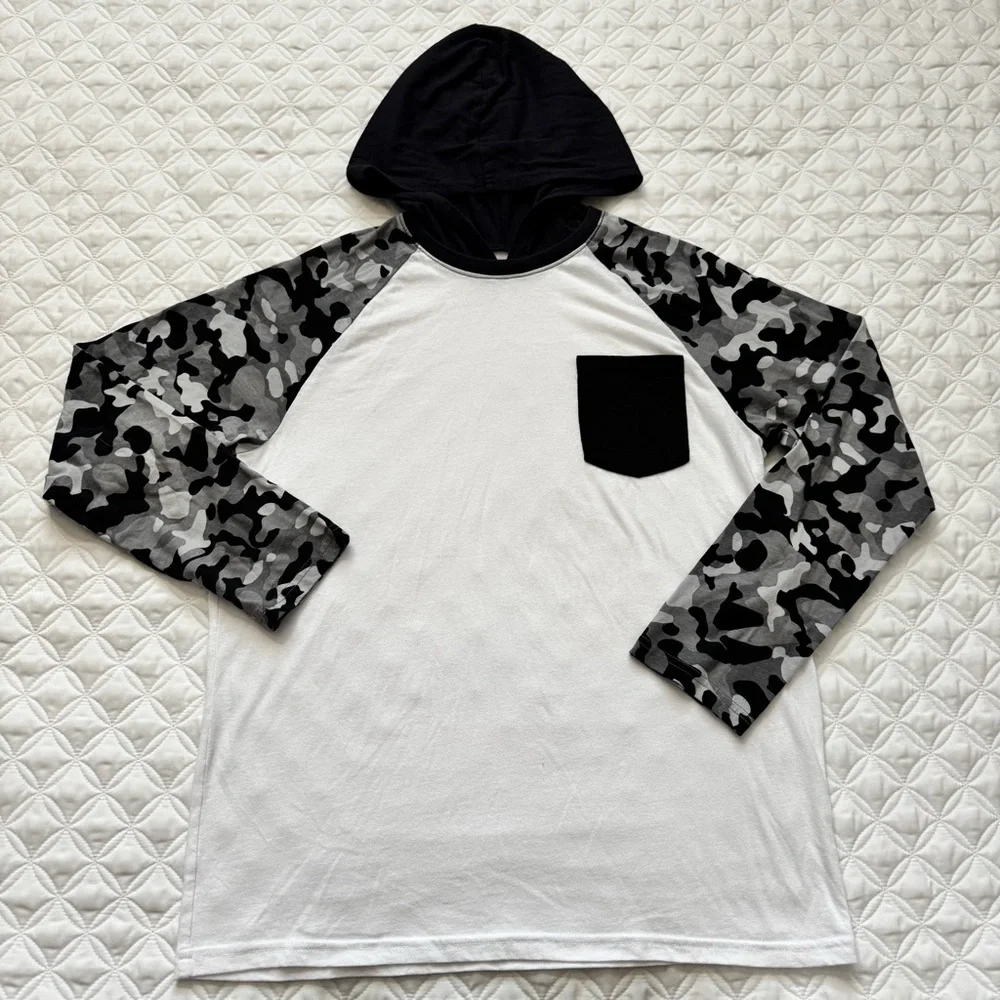 The Children's Place Colorblock Hooded Camo Long Sleeve Top White Black Sz XL
